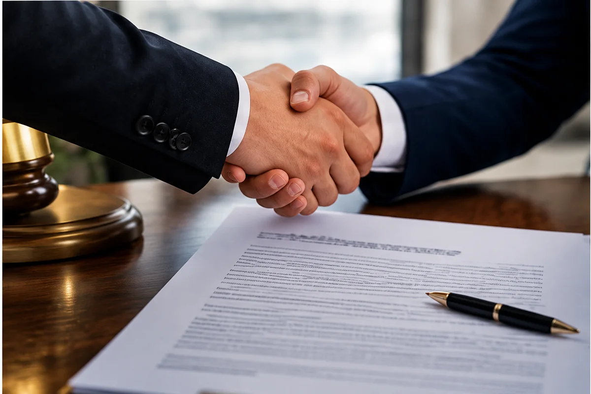 Apretón de manos sobre un contrato en un escritorio.