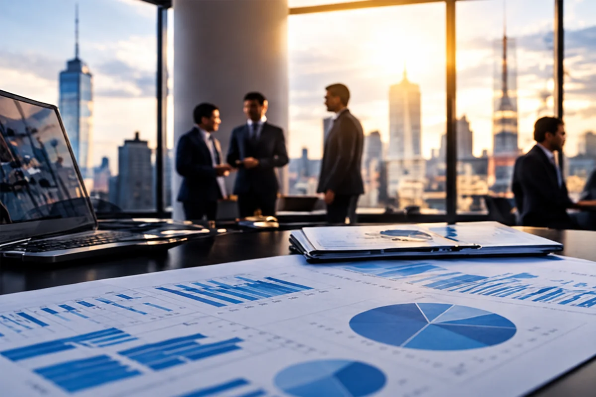 Reunión de empresarios con gráficos e informes sobre la mesa.