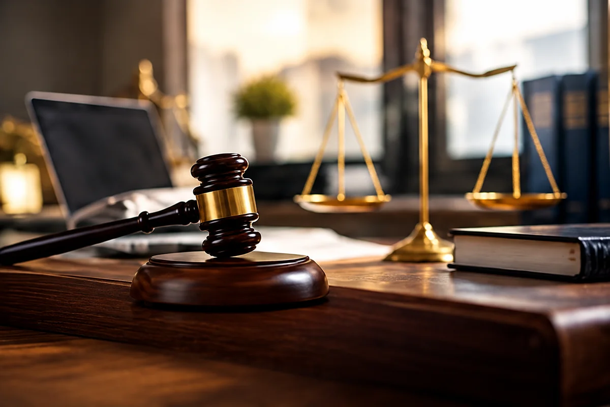 Mazo y balanza de justicia sobre un escritorio jurídico.