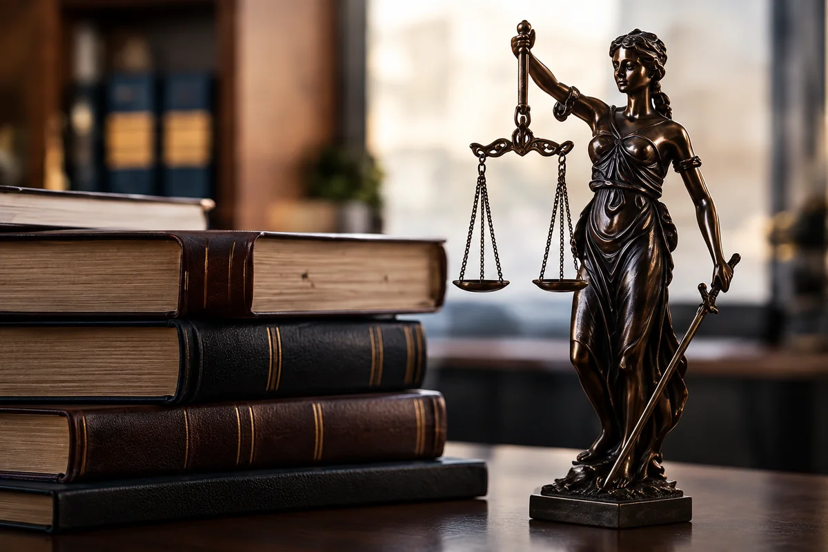 Estatua de la Dama de la Justicia junto a libros jurídicos.