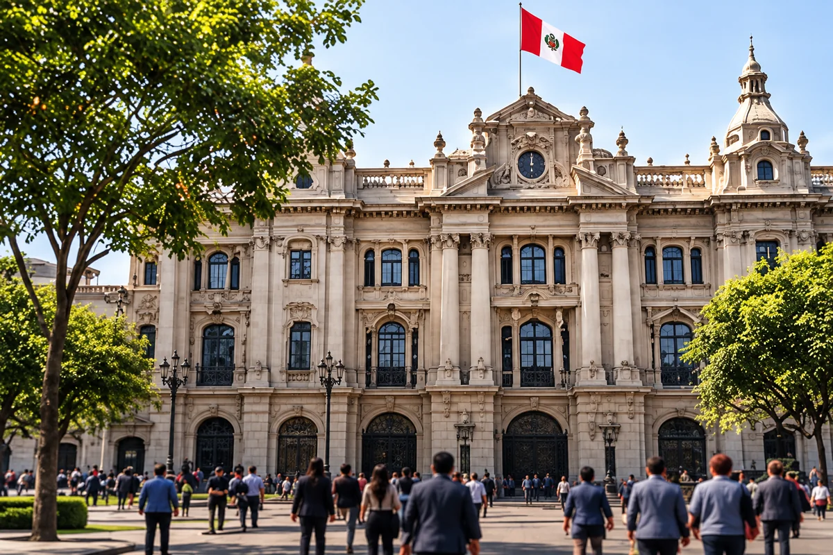 Fachada de un edificio institucional con la bandera del Perú.