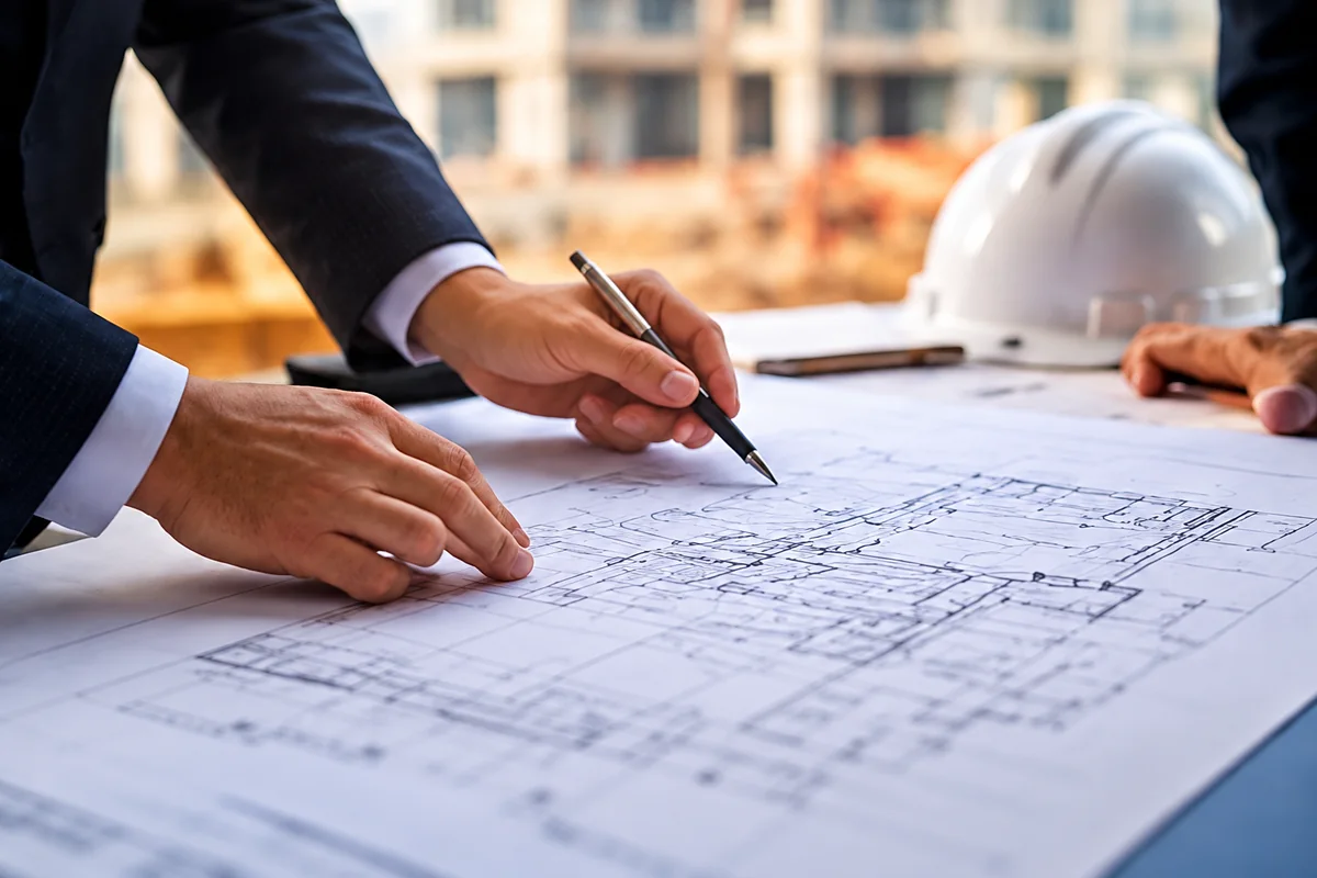 Revisión de planos de obra junto a un casco de construcción.